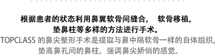根据患者的状态利用鼻翼软骨间缝合，软骨移植，垫鼻柱等多样的方法进行手术。 TOPCLASS的鼻尖整形手术是提取与鼻中隔软骨一样的自体组织，垫高鼻孔间的鼻柱，强调鼻尖娇俏的感觉。
