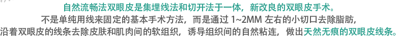 自然流畅法双眼皮是集埋线法和切开法于一体，新改良的双眼皮手术。不是单纯用线来固定的基本手术方法，而是通过1~2mm左右的小切口去除脂肪，沿着双眼皮的线条去除皮肤和肌肉间的软组织，诱导组织间的自然粘连，做出天然无痕的双眼皮线条。